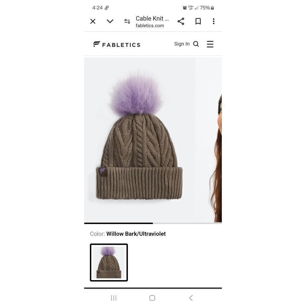 New Fabletics Pom Beanie Hat Cable Knit Willow Bark Ultra Violet Sweater Hat NWT
